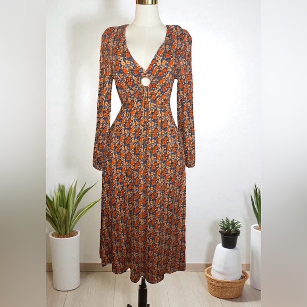 Women’s Floral Fit & Flare Maxi Dress Size 10 | Long Sleeve with Pockets